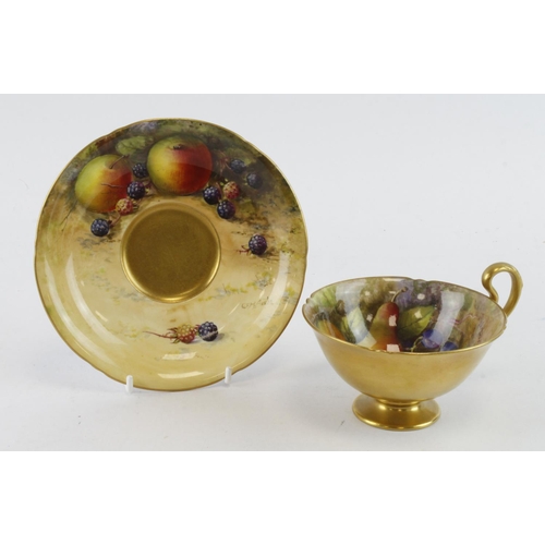 111 - Royal Worcester cabinet tea cup & saucer, decorated with fruit, both signed by the artist 'W. H. Aus... 