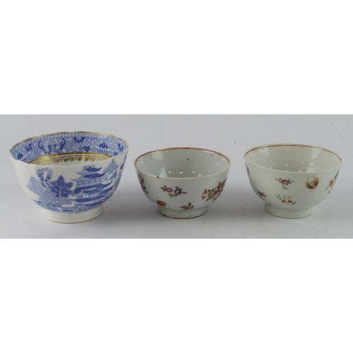 119 - Three Chinese bowls, two hand painted with floral decoration, largest diameter 90mm approx.