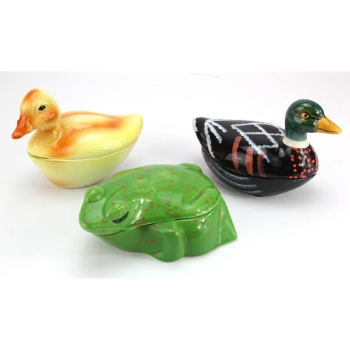 122 - Three novelty pate terrines by Michel Caugant, depicting two ducks and a frog, longest 17cm approx.