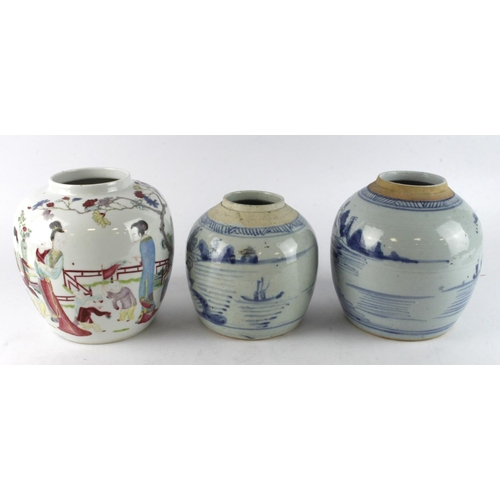 127 - Two Ming style blue and white glazed ginger jars (3) with unglazed rims, (missing lids) Heights 17cm... 