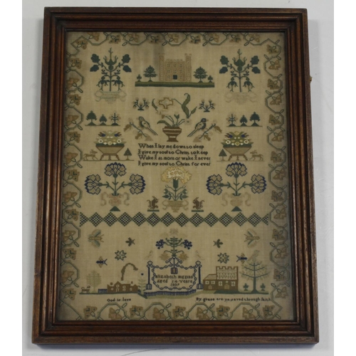 413 - Sampler. An early Victorian sampler, by Elizabeth Higgins, Aged 14, dated 1839, ornately decorated w... 