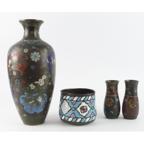 418 - Three cloisonne vases, with floral decoration, tallest 30cm approx., together with a multi coloured ... 