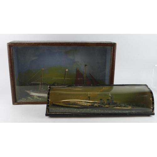 419 - Two cased ship model displays, one depicting Battleship H.M.S. Hood, largest case, height 30cm, widt... 