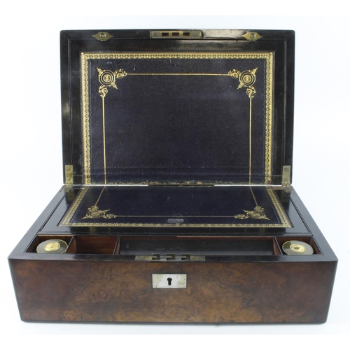 421 - Victorian burr Walnut writing slope, with two glass inkwells, mother of pearl plaque to lid reads 'J... 