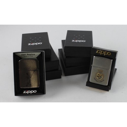 430 - Zippo. Eight cased Zippo lighters, including HMS Blackwater, Fire Department, Bell Kogan, etc.