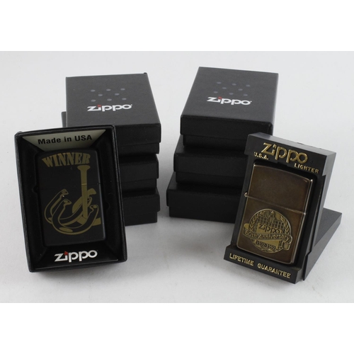 431 - Zippo. Eight cased Zippo lighters, including Horse Shoes, Zippo 60th Anniversary, Union Jack, F1 Rac... 