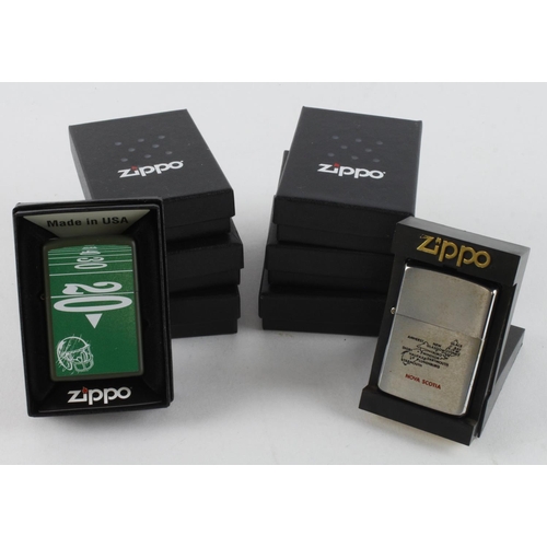 432 - Zippo. Eight cased Zippo lighters, including Museum Opening, Nova Scotia, American Football, Cats Ey... 