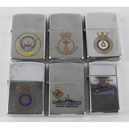 440 - Zippo. Six Naval Zippo lighters, including H.M.C.S. Sackville, M.V. Marine Explorer, U.S.S.  Mount B... 