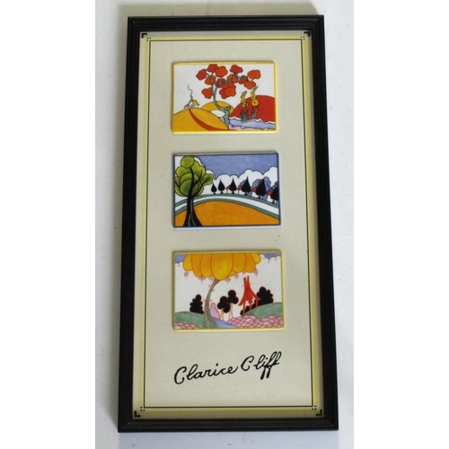 62 - Clarice Cliff interest. Three framed tiles, titled 'The Rich Designs of Clarice Cliff', limited edit... 