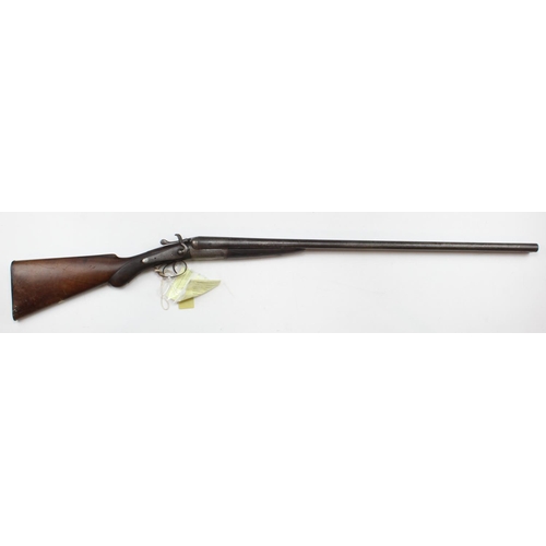 1068 - Shotgun, a double barrelled, 12 bore hammer shotgun. Back action lock signed 'Hughes'. Barrel rib en... 