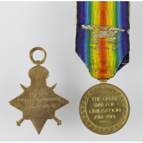 1411 - 1914 Star and Victory Medal to G-6619 Pte E T Booker R.W.Kent R.  Wounded in Action.  (2)