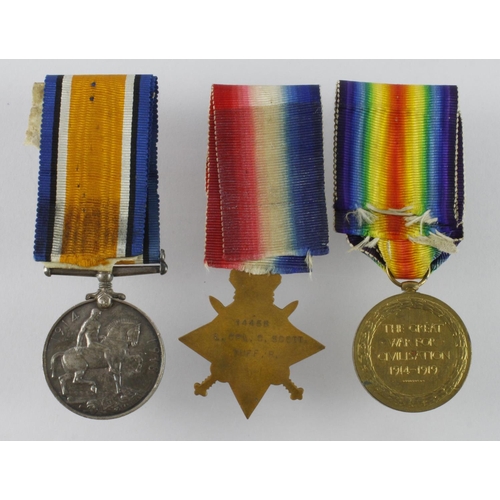 1430 - 1915 Star Trio to 14458 L.Cpl C Scott Suffolk Regt (Pte on pair). Killed In Action 8th May 1915 with... 