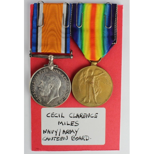 1504 - BWM & Victory Medal (C. C. Miles CTN. ASST) with research, born Chichester. Rare rank on medals.  (2... 