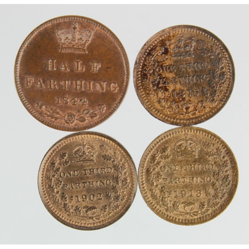 157 - Fractional Farthings: Third Farthings: 1876, 1902, 1913; and Half Farthing 1844; all EF or better, w... 