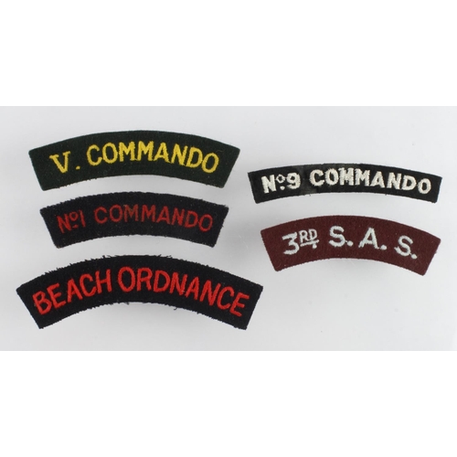 1580 - Cloth badges: British Army WW2 Shoulder Title Badges – No.1 Commando, V Commando, No.9 Commando, 3rd... 