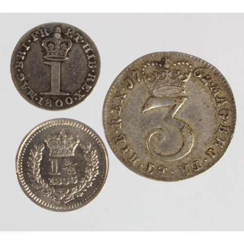 159 - GB Silver Minors (3): Maundy Threepence 1762 GVF, Maundy Penny 1800 GVF, and Threehalfpence 1835/4 n... 