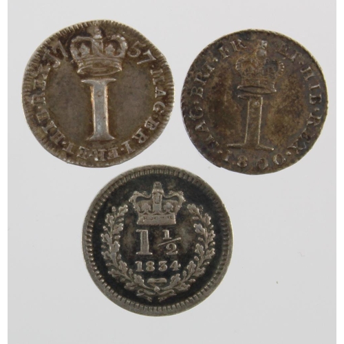 183 - Maundy Oddments & Minors (3): Maundy Pennies: 1757 GRATIA: toned EF, 1800 toned nEF, and a Three-hal... 