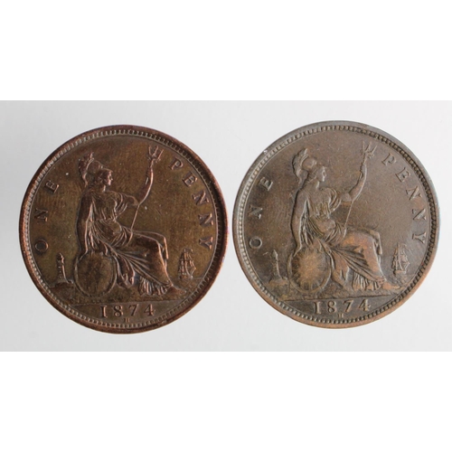 197 - Pennies (2) both 1874H, VF and cleaned VF