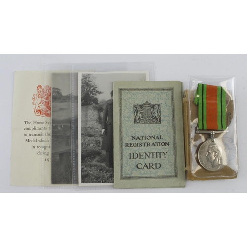 1974 - WW2 woman Air Raid Wardens Defence Medal in box two photos in uniform and identity card to Marjorie ... 