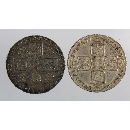 226 - Shillings (2) early milled: 1758 GVF, and 1787 without hearts GVF