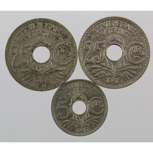 267 - France (3) scarce dates: 5 Centimes 1917 EF, 25 Centimes 1915 EF, and 25 Centimes 1916 corroded VF