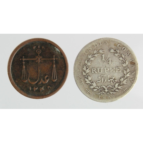 279 - India (2) East India Company: Copper Pie 1833 GF, and silver 1/4 Rupee 1835 Fine.