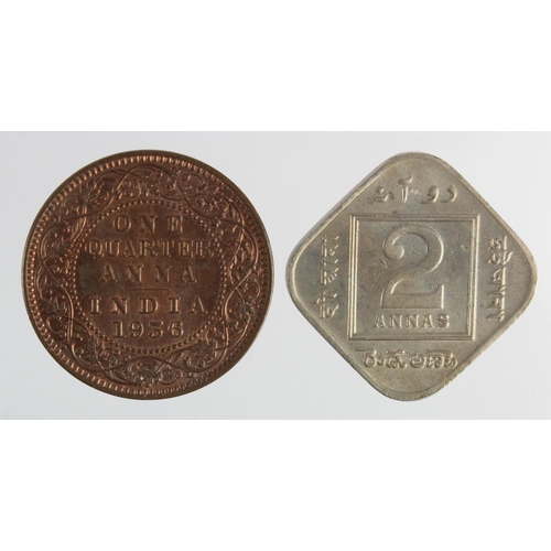 281 - India (2): 2 Annas 1930 EF, and One Quarter Anna 1936 EF with lustre.