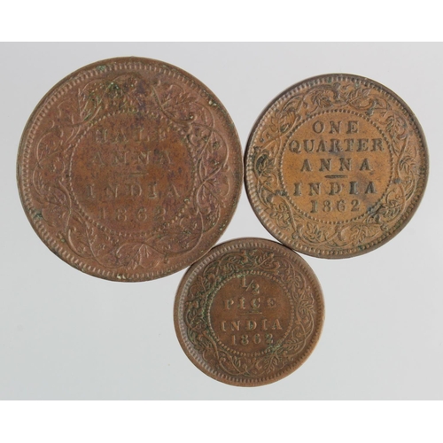 282 - India (3) Victorian copper: Half Anna 1862 nEF, Quarter Anna 1862 GVF, and 1/2 Pice 1862 VF