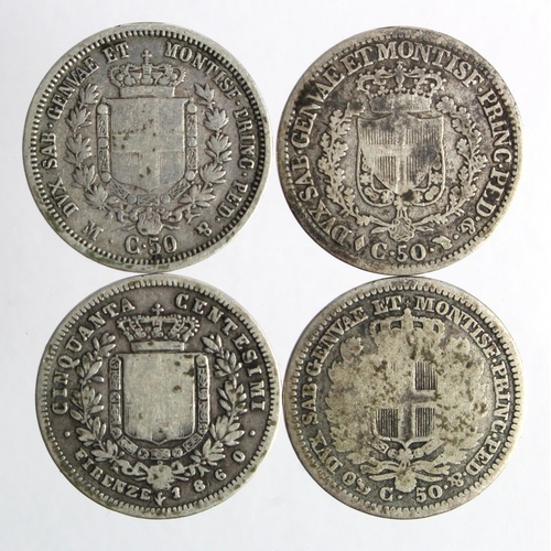 293 - Italian States (4) Sardinia and Genoa silver 50 Centisimi 1828-1860, aF