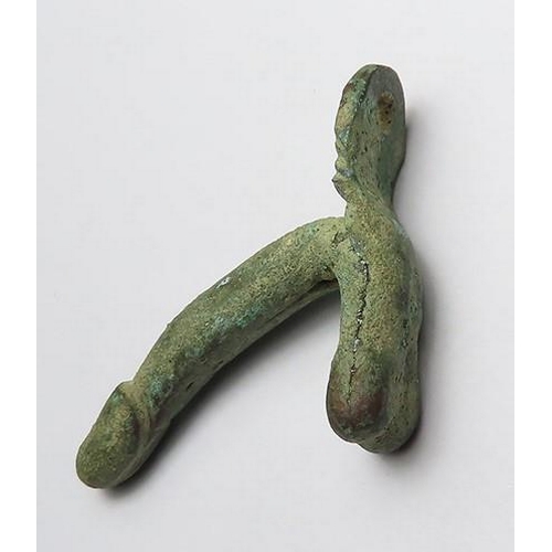 356 - Antiquity: Roman bronze phallic amulet. Popular style of military charm. 40mm, 10.97g. Ex. A. Cherry... 