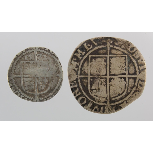 384 - Elizabeth I hammered silver (2): Shilling Fair, and Sixpence 1572 mm. ermine, clipped VG