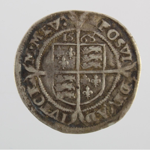 388 - Elizabeth I hammered silver Sixpence 1568 mm. crown, S.2562, 2.76g, GF, light graffiti obv.