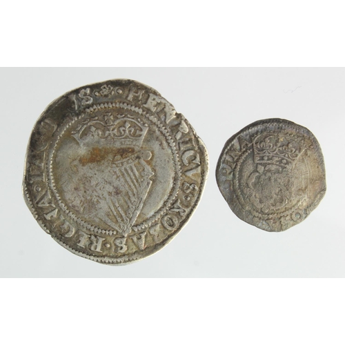 411 - James I silver (2): Ireland Sixpence Fine, and rose/thistle Halfgroat mm. escallop, VG