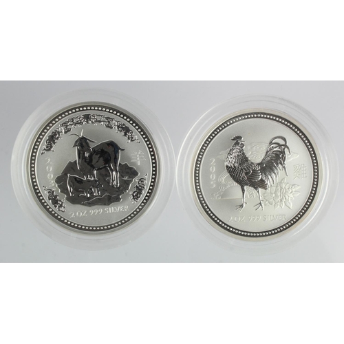 471 - Australia (2) 2oz pure silver lunar calendar 2-Dollars: Goat 2003 and Cockerel 2005, UNC light tonin... 