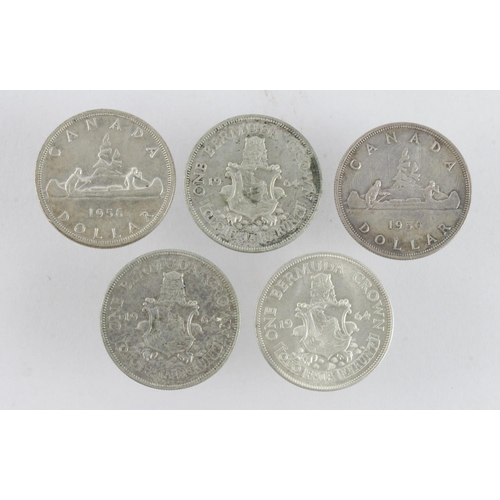 511 - Commonwealth silver: Bermuda Crowns 1964 (3) and Canada Dollars (2) 1950 and 1956; GVF-AU