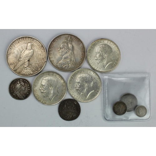 533 - GB & USA Silver Coins (10) mostly GB 17th-20thC assortment GF-EF (1757 Sixpence holed), includes a p... 