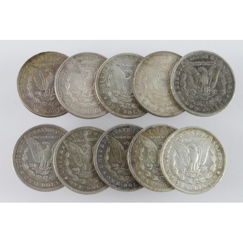 765 - USA Silver Morgan Dollars (10) 1881o, 1883, 1885o, 1888o, 1889, 1890, 1891o, 1892o, 1896 & 1921. Mix... 