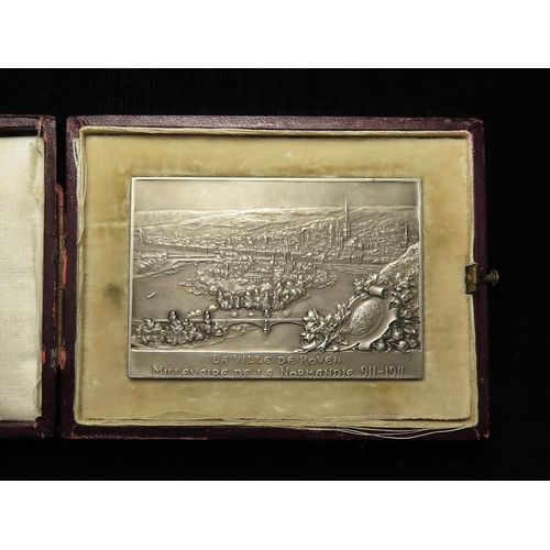 839 - French Commemorative Plaquette, silver 48x70mm, 101.5g: The Millenary of Normandy 911-1911 by A. Gui... 