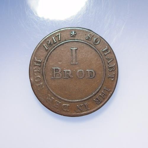 843 - German Token, Famine in Germany 1816-17, 1 Brod (1 bread) token, copper d.24mm, nVF scarce. These we... 