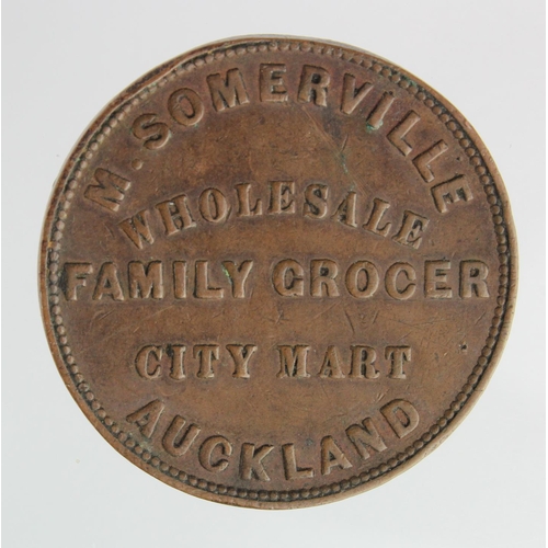 851 - New Zealand Penny Token 1857 M. Somerville, VF, edge knock.