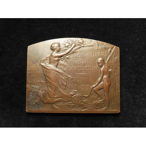 927 - French Commemorative Medallic Plaque, bronze 80x65mm: 50th Anniversary of Bénédictine Liqueur 1863-1... 