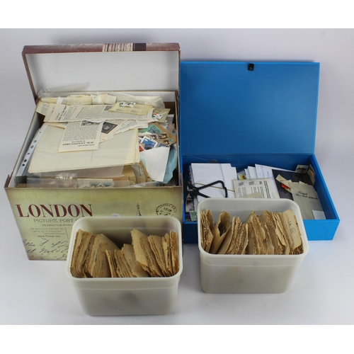 155 - Glory boxes of very mixed World stamp material, housed in a large 'London' box, two large ice cream ... 