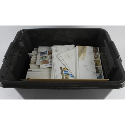 219 - Large plastic crate of GB FDC's (approx 470) all but a few P.O. envelopes and bureau cancels, from 1... 