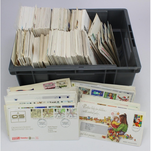 222 - Plastic crate packed with a range of GB FDC's, from mid 1960's to c2012. Many Bureau cancels includi... 