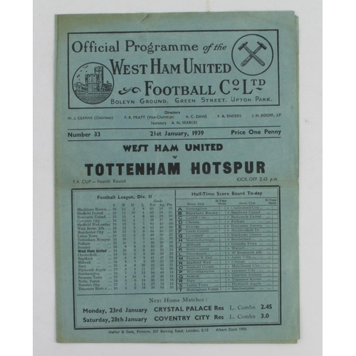 622 - West Ham United v Tottenham FA Cup 4th Round 21st January 1939 programme