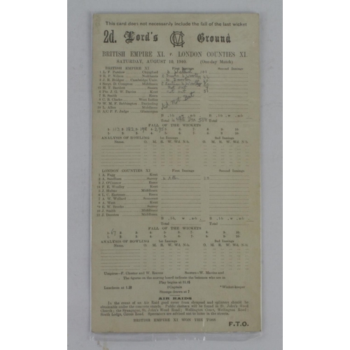 627 - Cricket Scorecard - British Empire XI v London Counties XI 10 August 1940 at Lords Ground.  Scarce