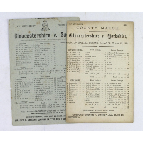 629 - Cricket Scorecards - Gloucestershire v Yorkshire 14 August 1873, and v Sussex 3 August 1896.  (2)