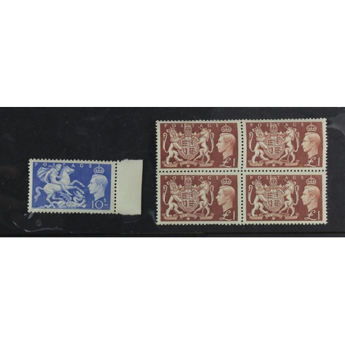 73 - GB - KGVI 1951 high values 10/- single marginal stamp UM, and £1 um block of 4 (SG511 and 512), cat ... 