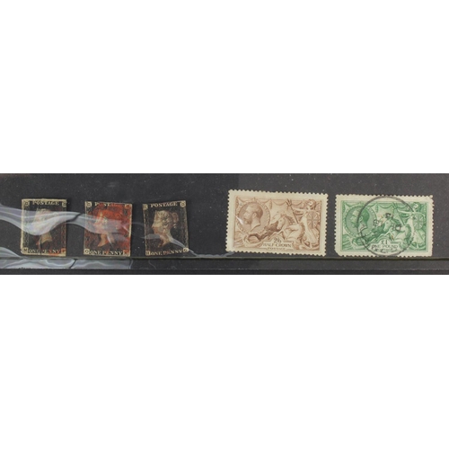 99 - GB - useful card of spacefiller stamps, including 3x used 1840 Penny Blacks, 1913 Seahorse mm with f... 