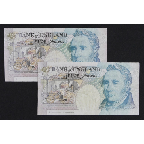 13 - Lowther 5 Pounds FORGERY (2), an unusual pair with identical serial numbers EC72 259980 (B380 for ty... 